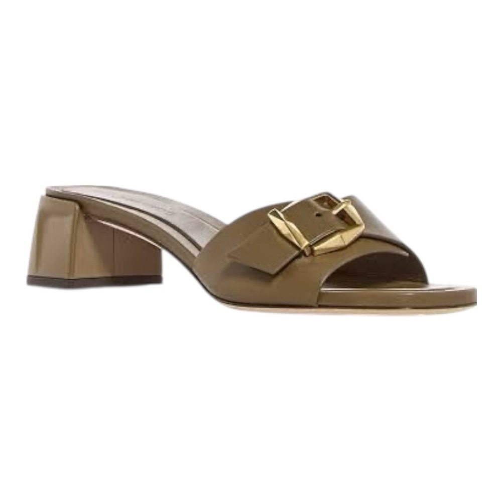 JIMMY CHOO 
Hawke 40 Block Heel Slide Sandals - Caper Green/Gold
